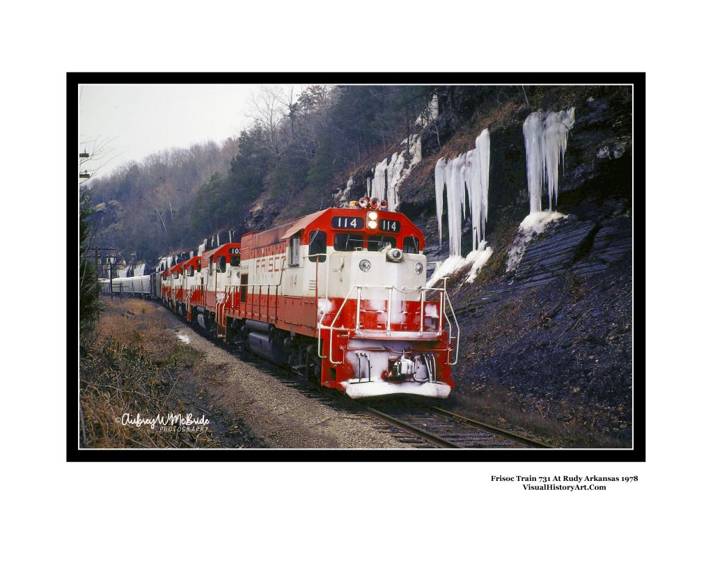 Frisco train 731 south of Wislow Arkansas along the blufs at Rudy Winter Ice